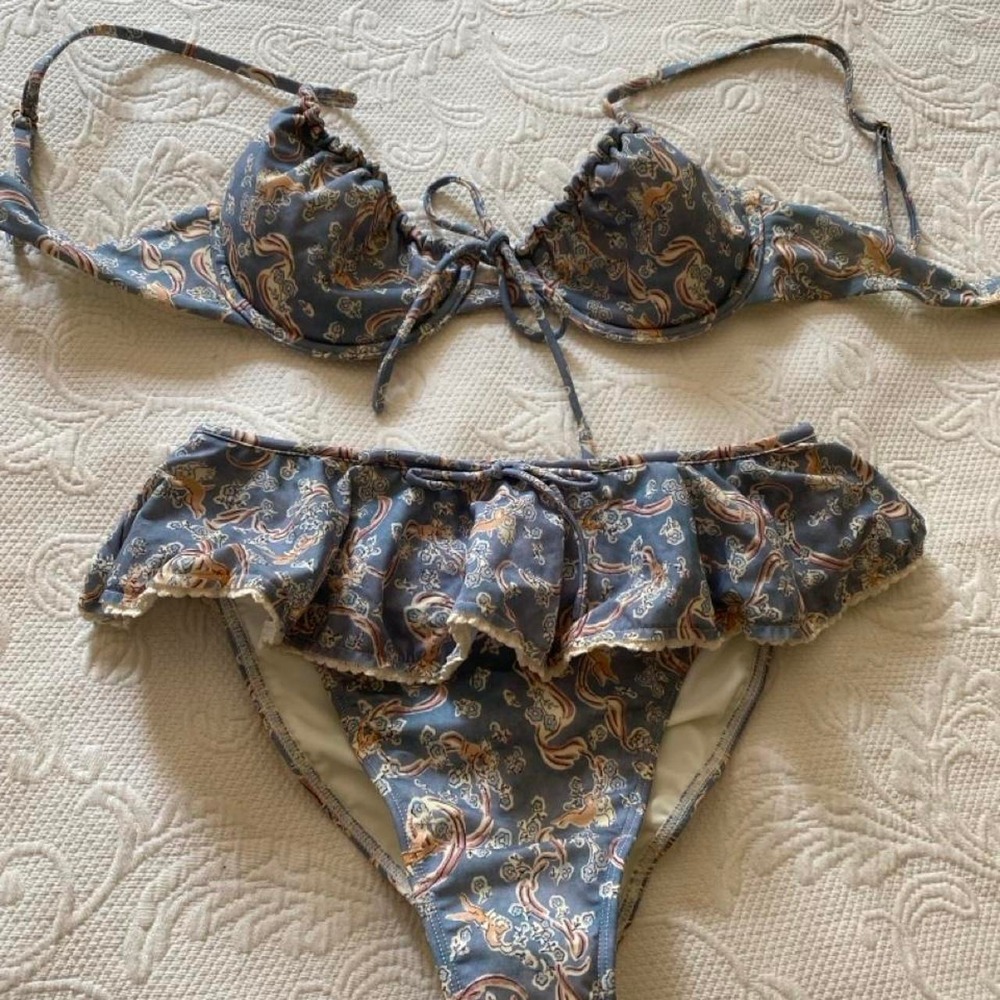 Montce blue gold paisley bikini set size S Top M bottoms Nylon & spandex